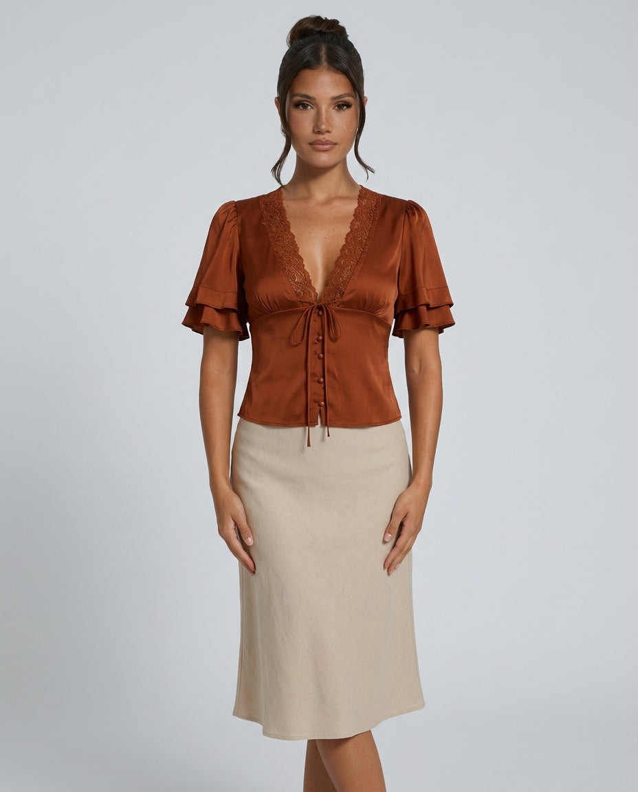 Isabela | Slim Fit Lace Detail Short Sleeve Top
