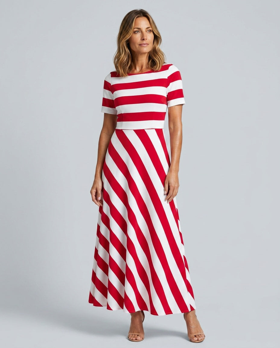 Chloe | Striped A-Line Split Neck Midi Dress