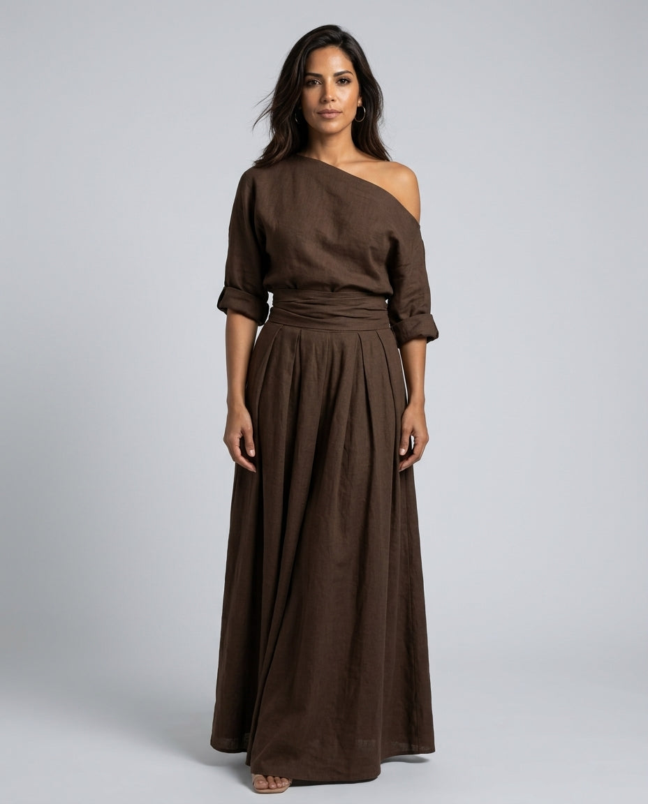 Delaney | One-Shoulder Linen-Blend Co-Ord Maxi Set