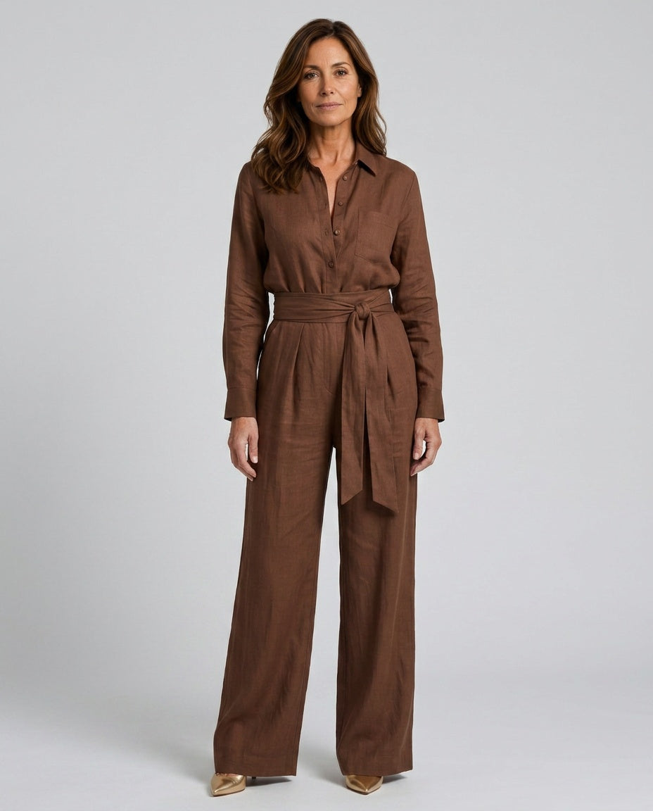 Jovie | Long Sleeve Button Front Wide Leg Jumpsuit