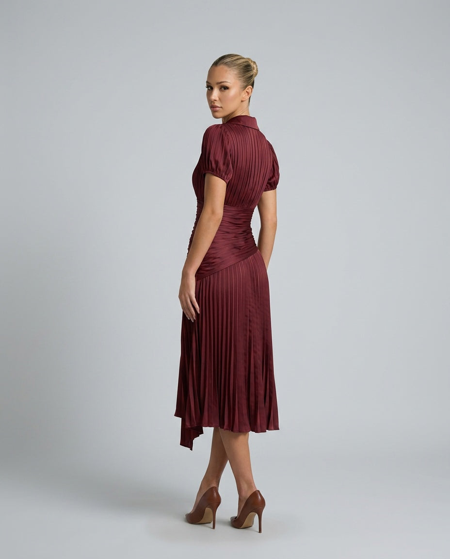 Theodora | Pleated Waistline Stripe Midi Dress