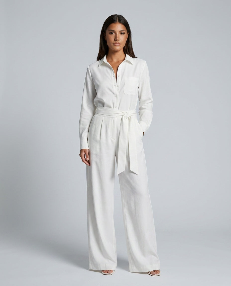 Jovie | Long Sleeve Button Front Wide Leg Jumpsuit