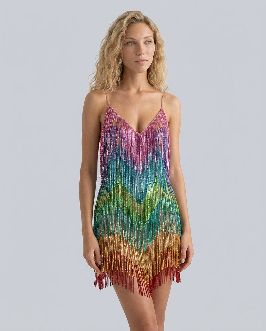 Indy | V-Neck Rainbow Crystal Fringe Mini Dress