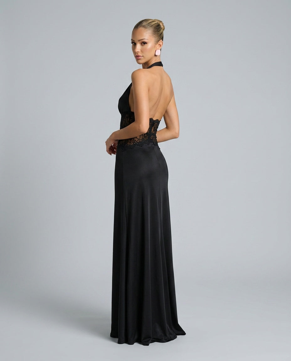 Stella | Halter Neck Lace Waist Satin-Look Maxi Dress