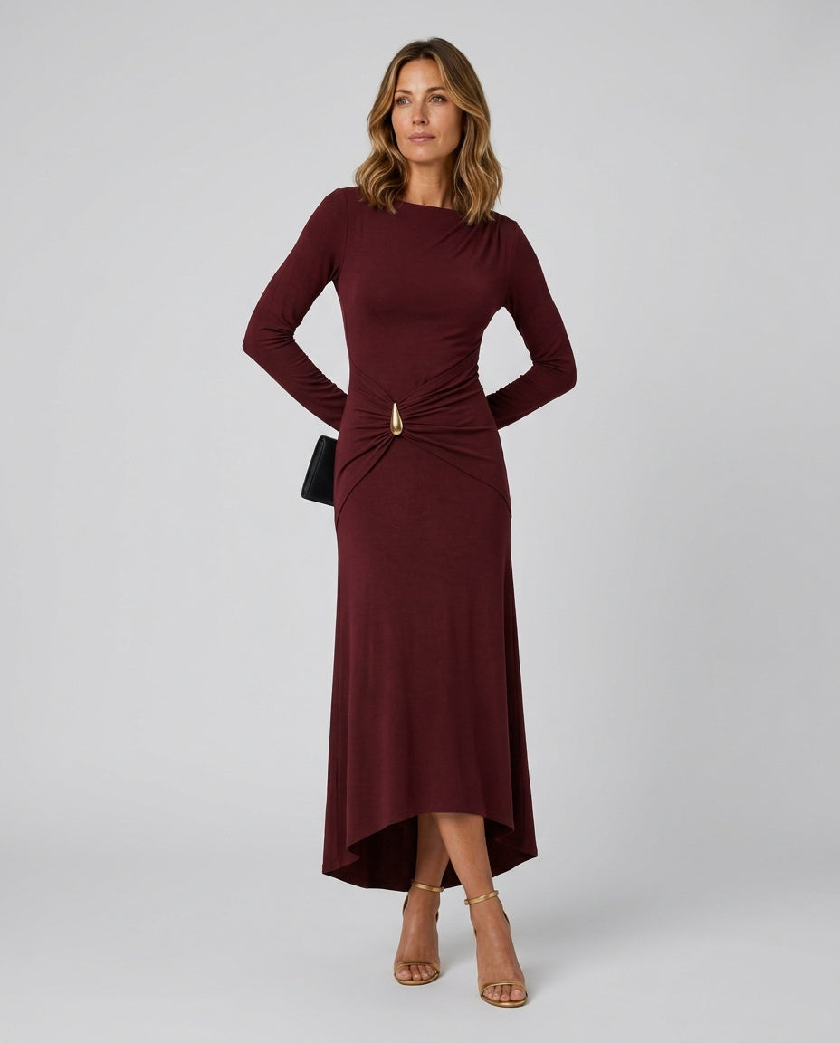 Cleona | Draped Waist Gold Accent Maxi Dress