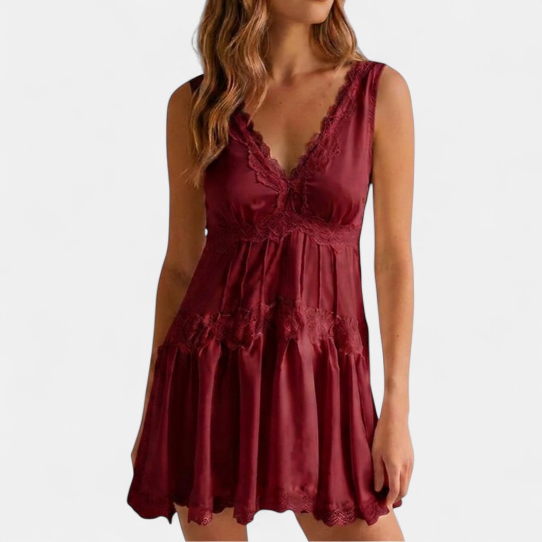 Wren | Deep V-Neck Lace Trim Tiered Mini Dress