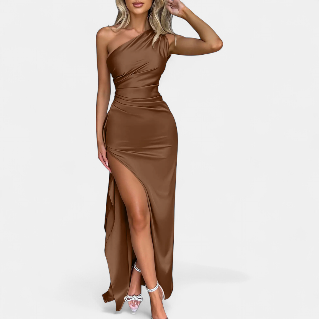 Ellie | One Shoulder Ruched Satin-Look Maxi Dress