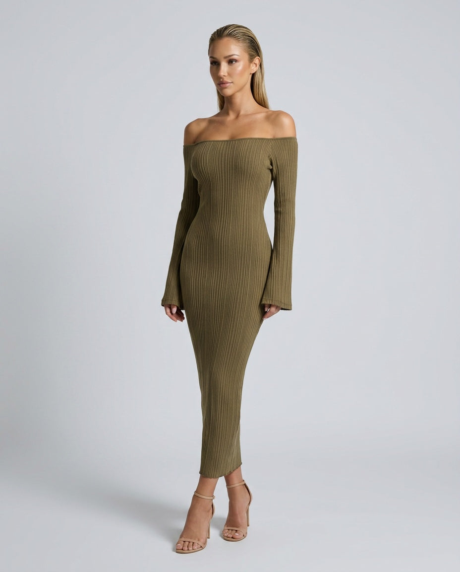 Reva | Off-Shoulder Long Sleeve Bodycon Midi Dress