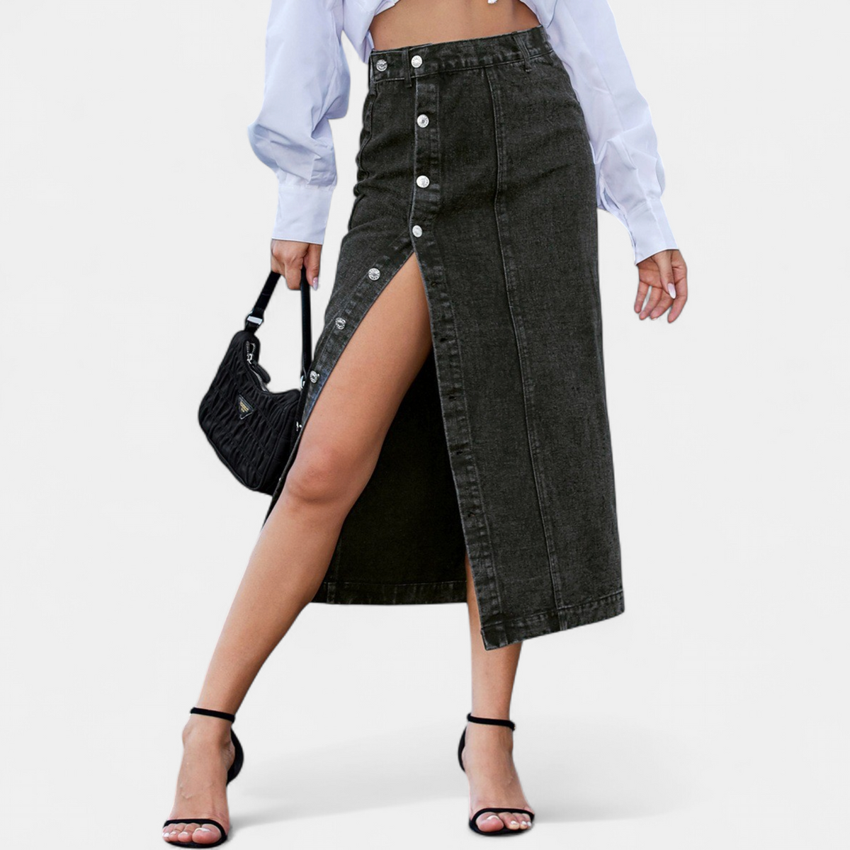 Fleur | High Waist Button Front Denim Pencil Midi Skirt