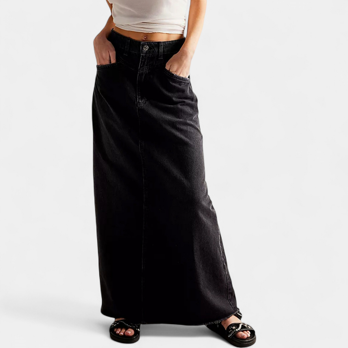 Hazel | High Waist Five Pocket Denim Maxi Skirt