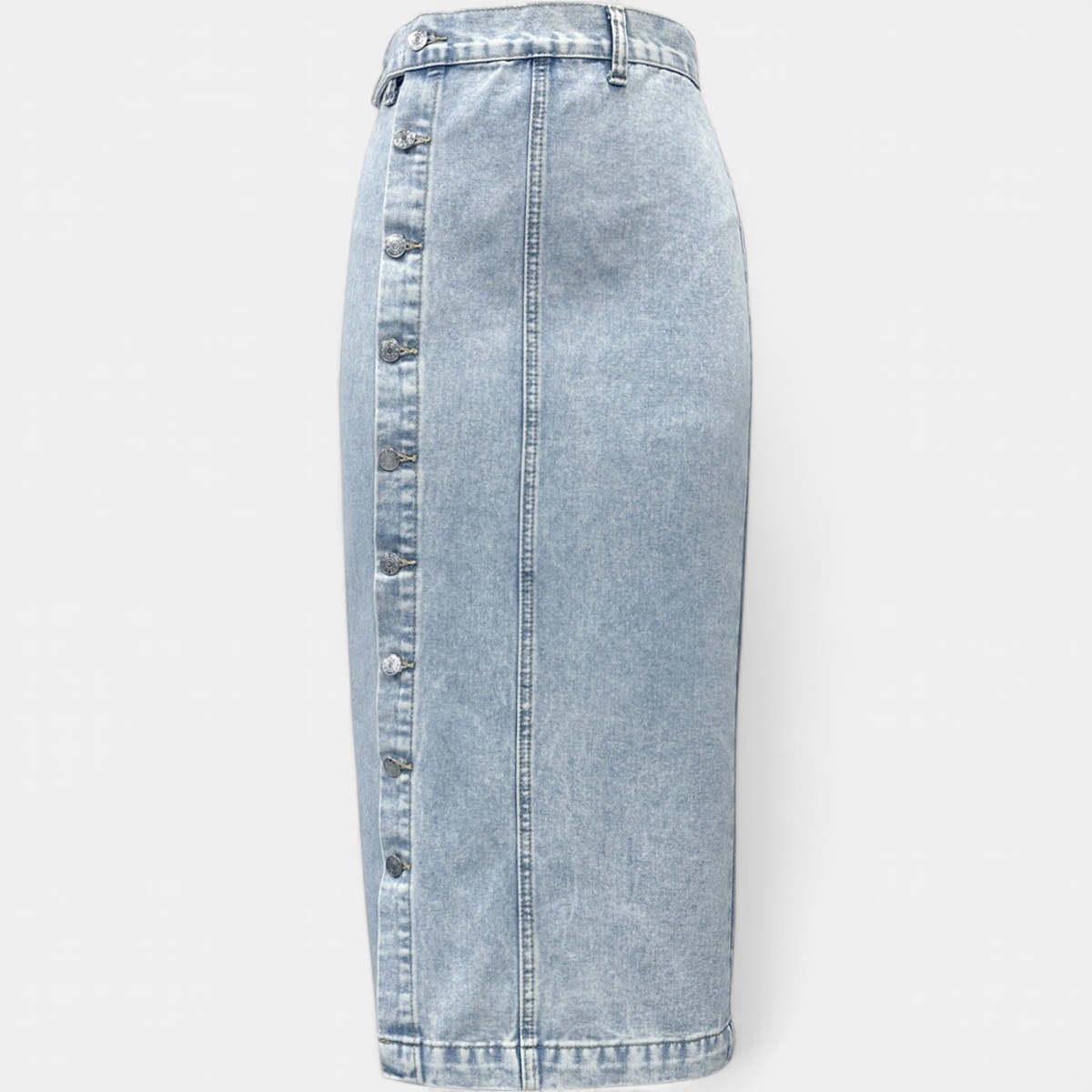 Fleur | High Waist Button Front Denim Pencil Midi Skirt
