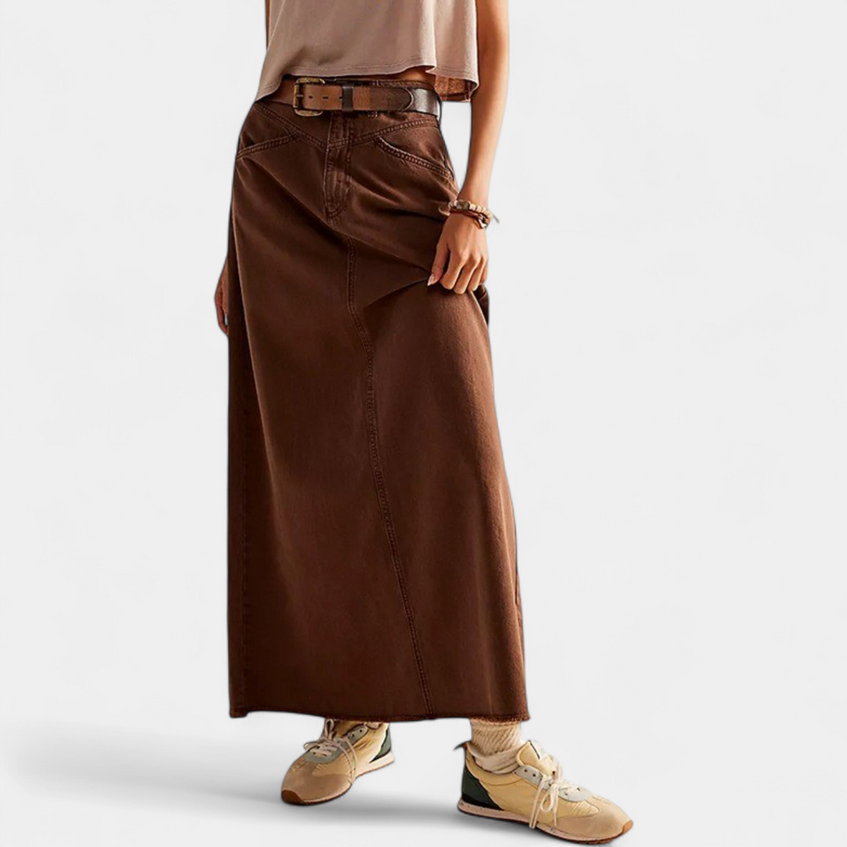 Hazel | High Waist Five Pocket Denim Maxi Skirt