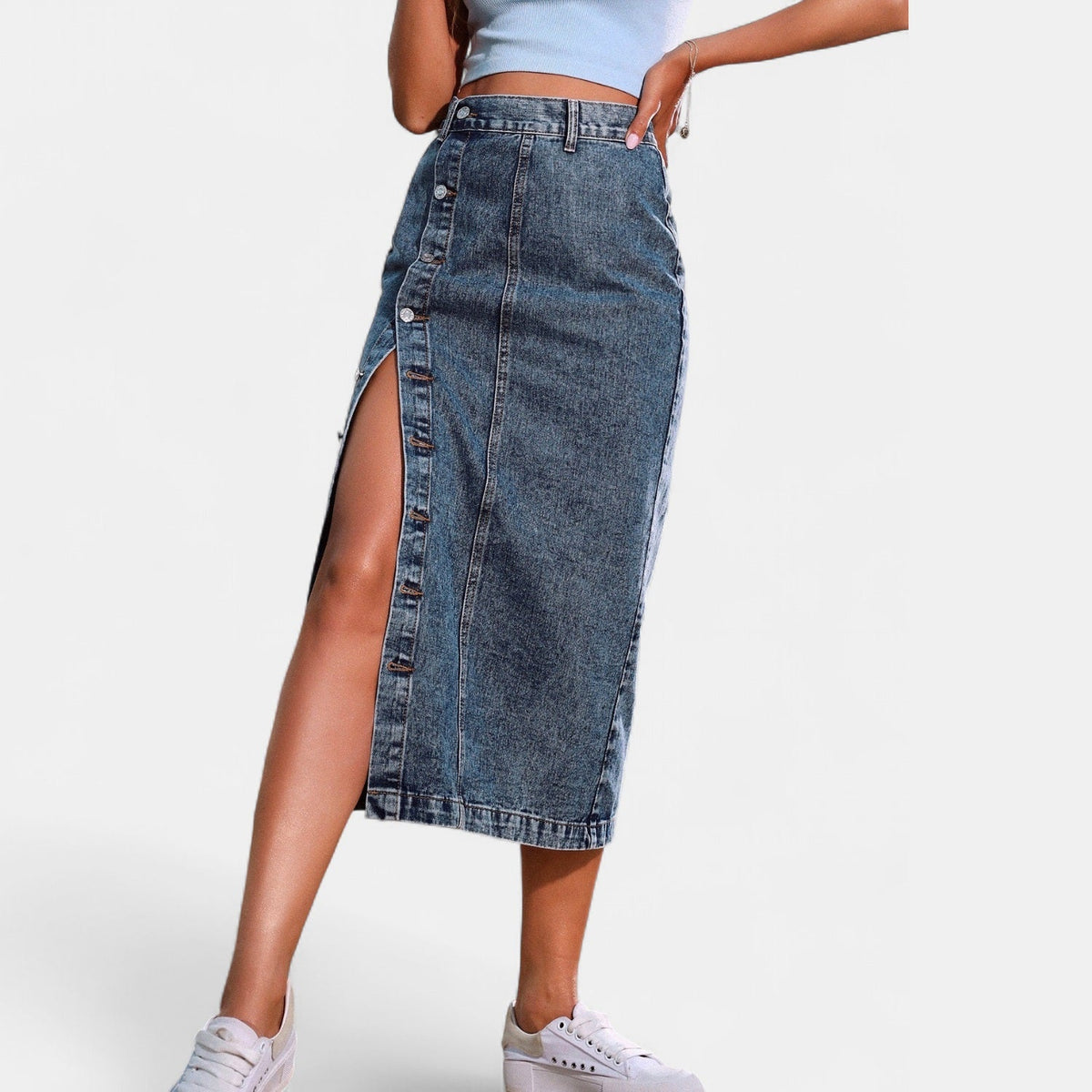 Fleur | High Waist Button Front Denim Pencil Midi Skirt