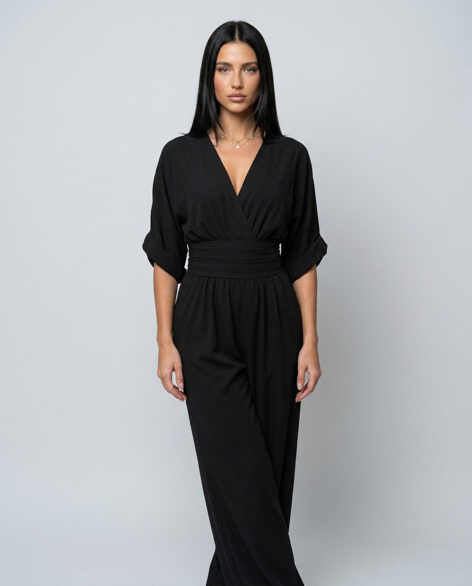 Elin | Draped V-Neck Wide Leg Relaxed Jumpsuit
