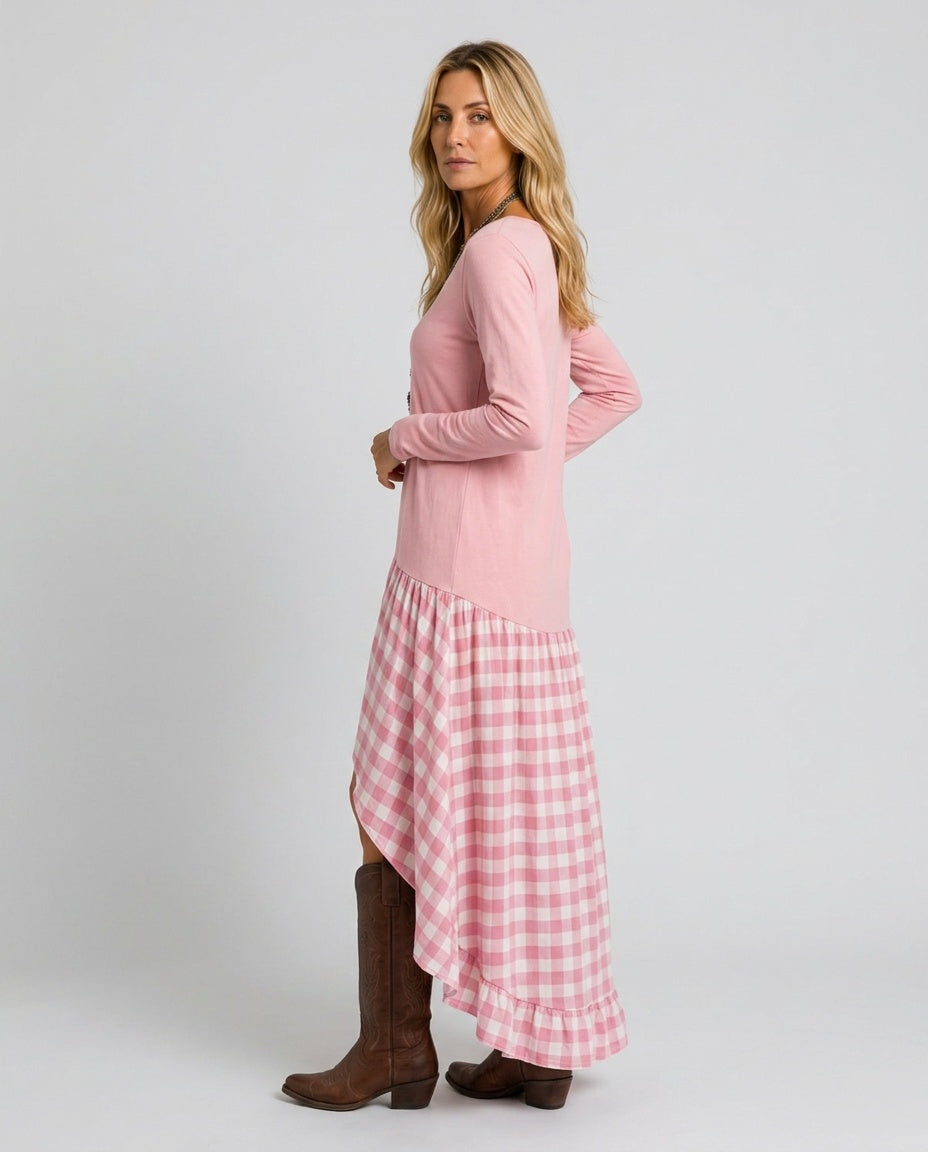 Reva | Gathered Gingham Asymmetric Maxi Dress