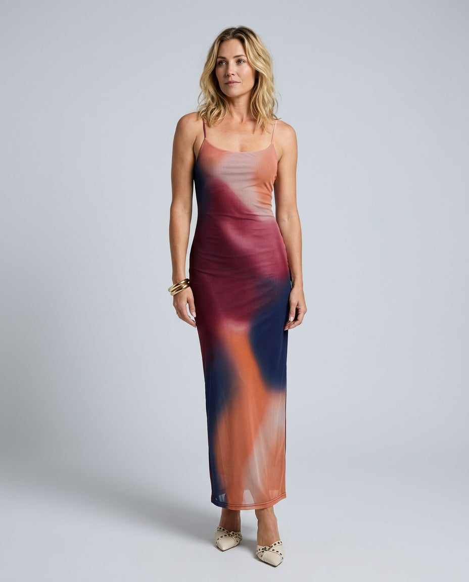 Savannah | Multi-Print Backless Mesh Maxi Dress