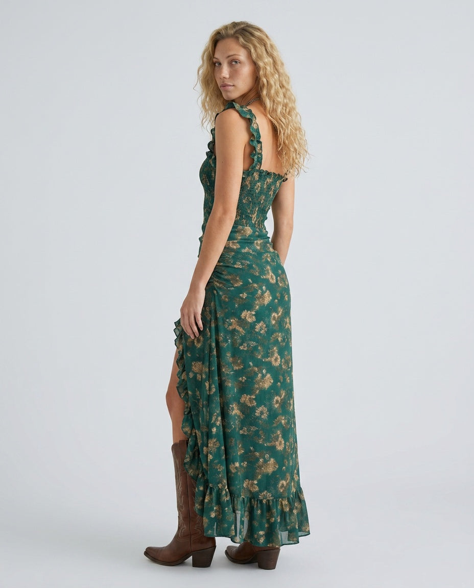 Pella | Smocked Ruffle Strap High Slit Midi Dress