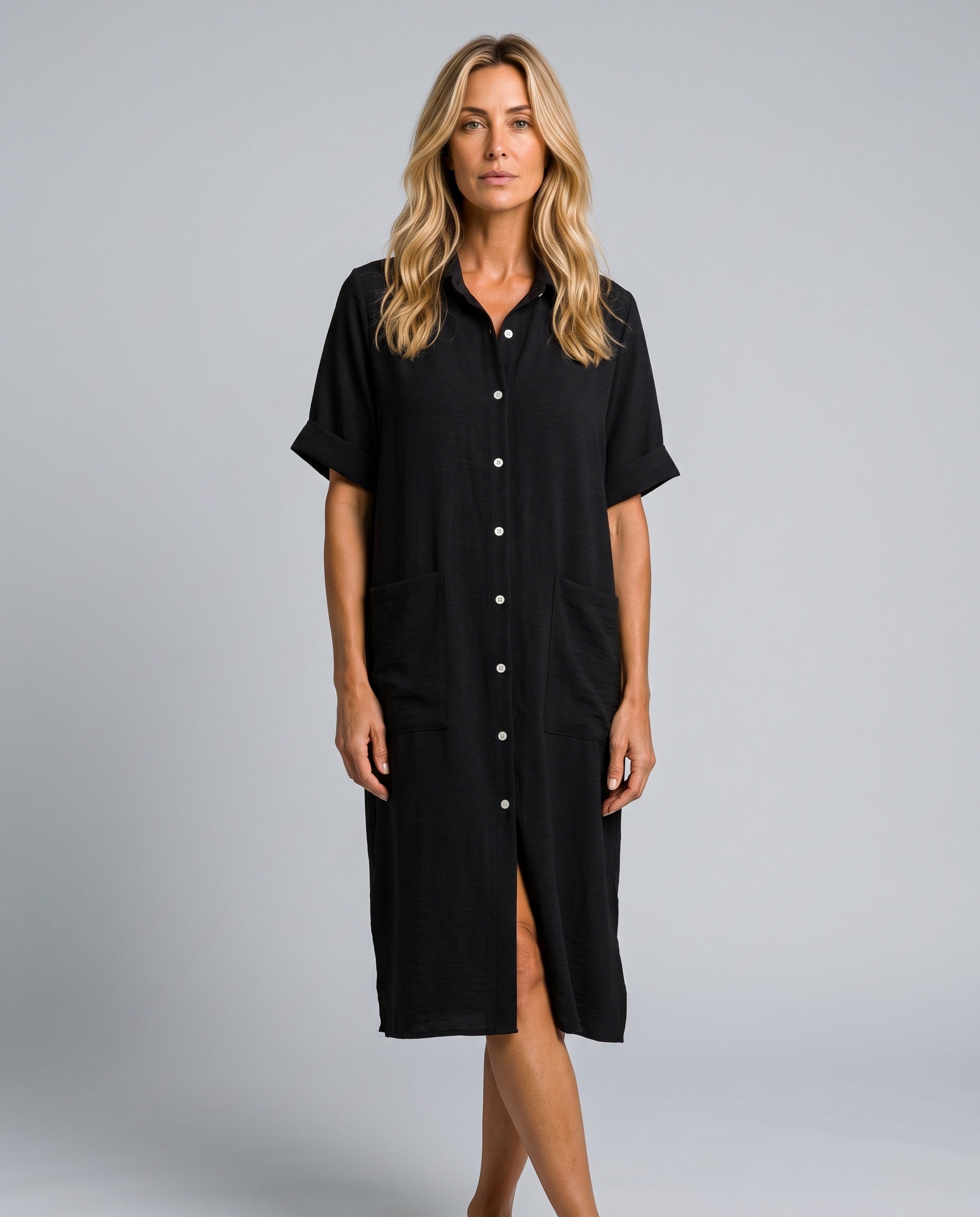 Leticia | Button Front Midi Shirt Dress with Pockets