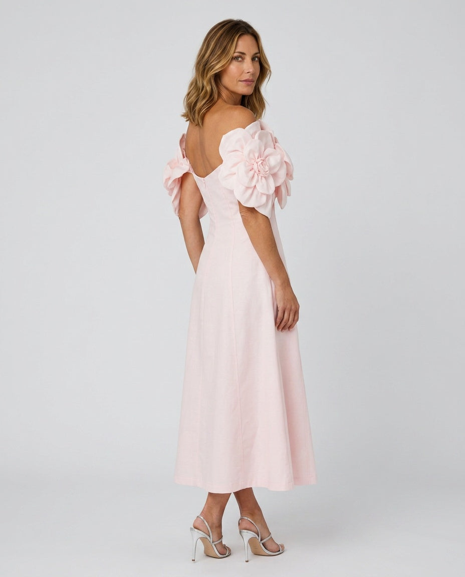 Faye | Off-Shoulder 3D Floral Appliqué Midi Dress