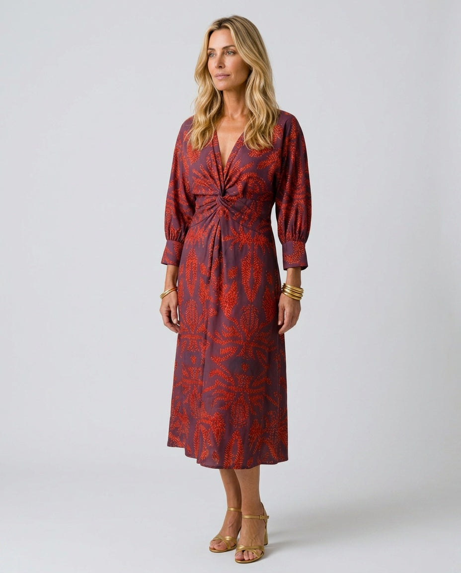 Delphine | Wrap Midi Dress in Natural Print