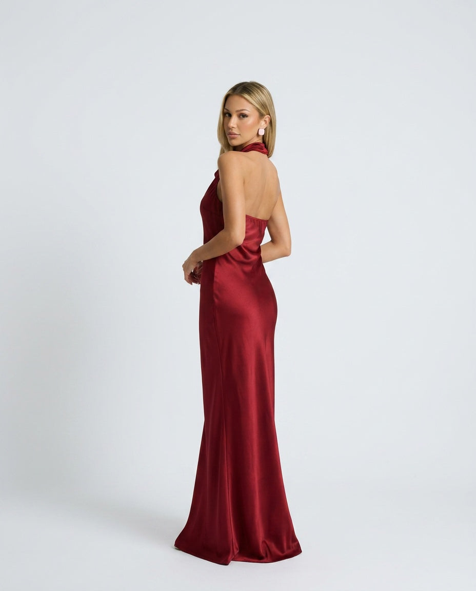 Rania | Draped Neckline Satin-Look Maxi Dress