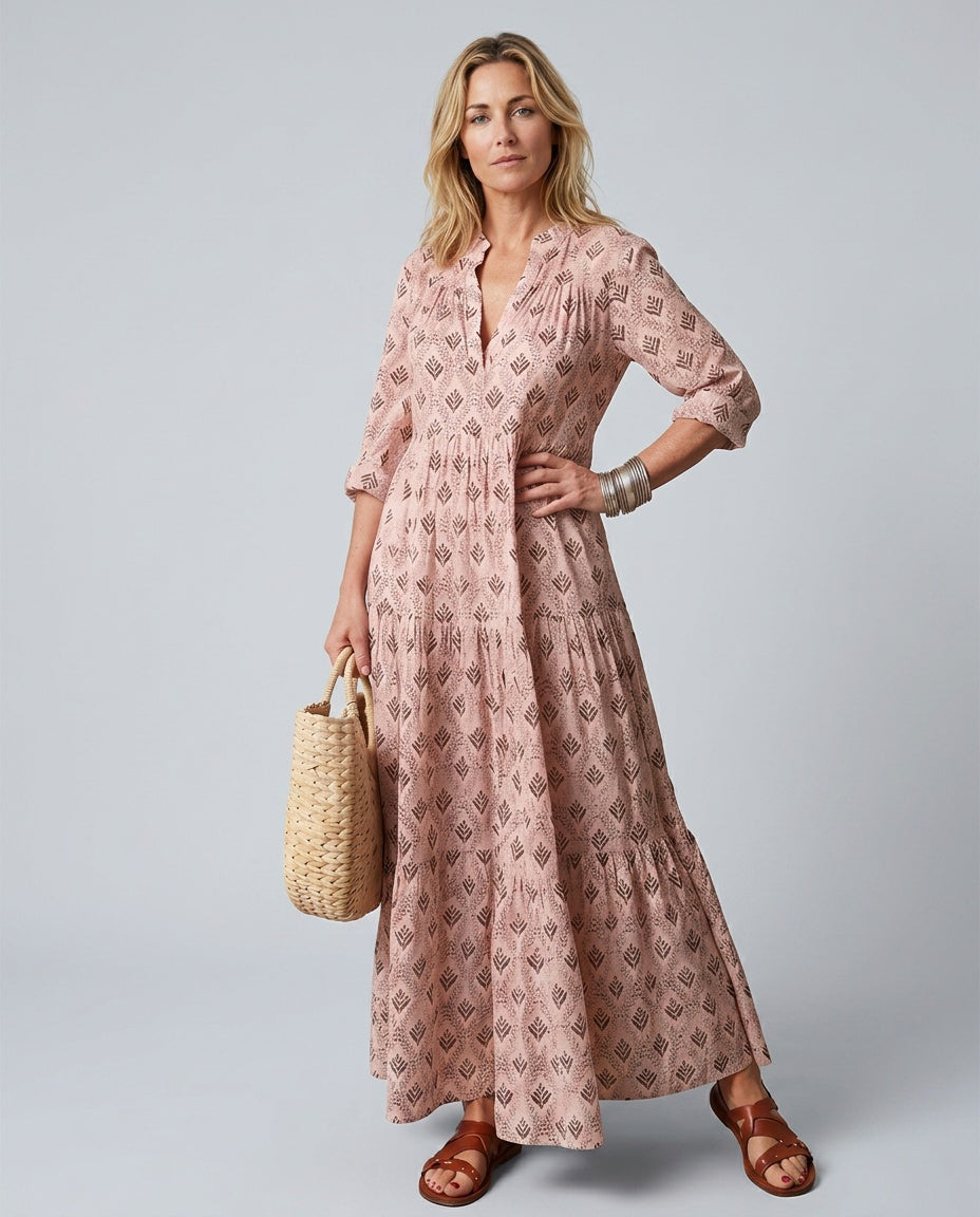 Maeve | Notch Neck Printed Long Sleeve Maxi Dress