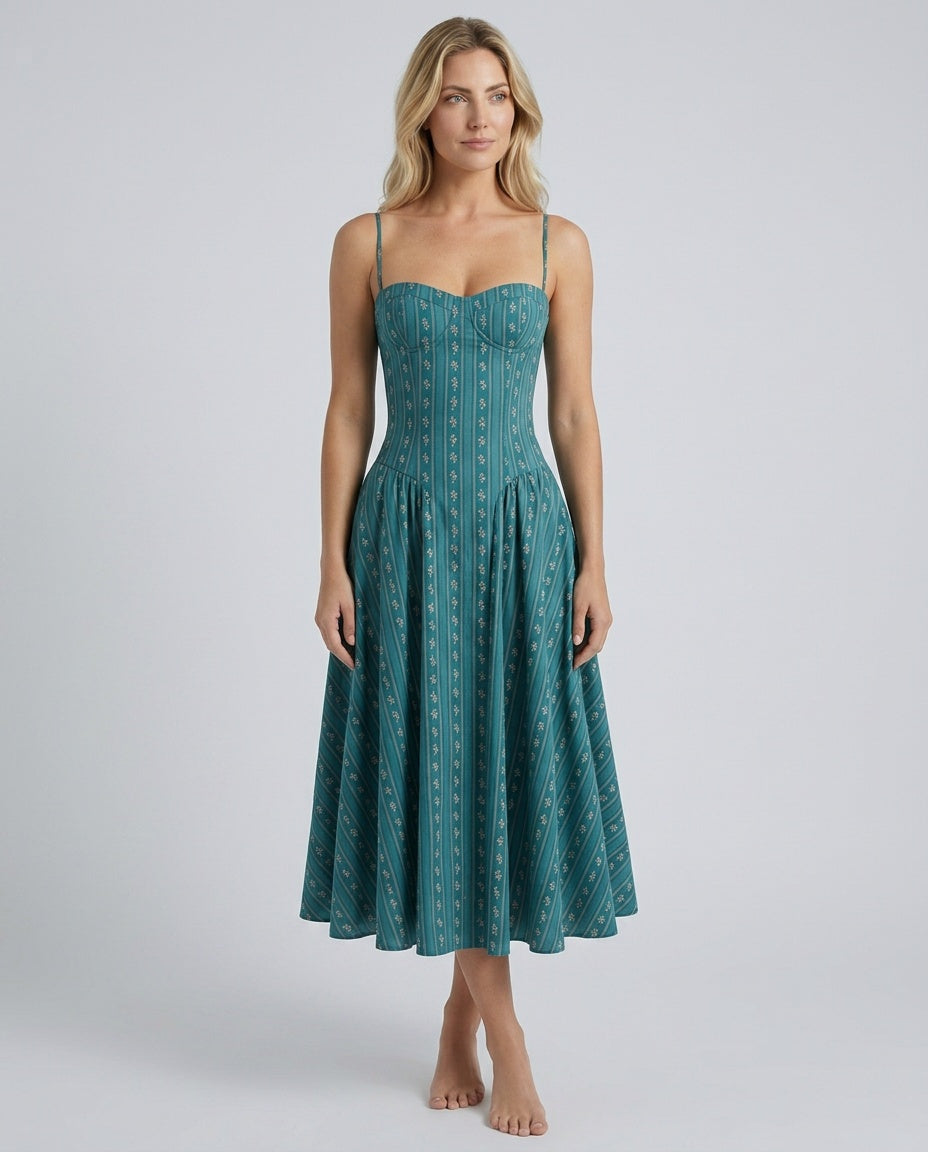 Skylar | Striped Floral Drop Waist Midi Dress