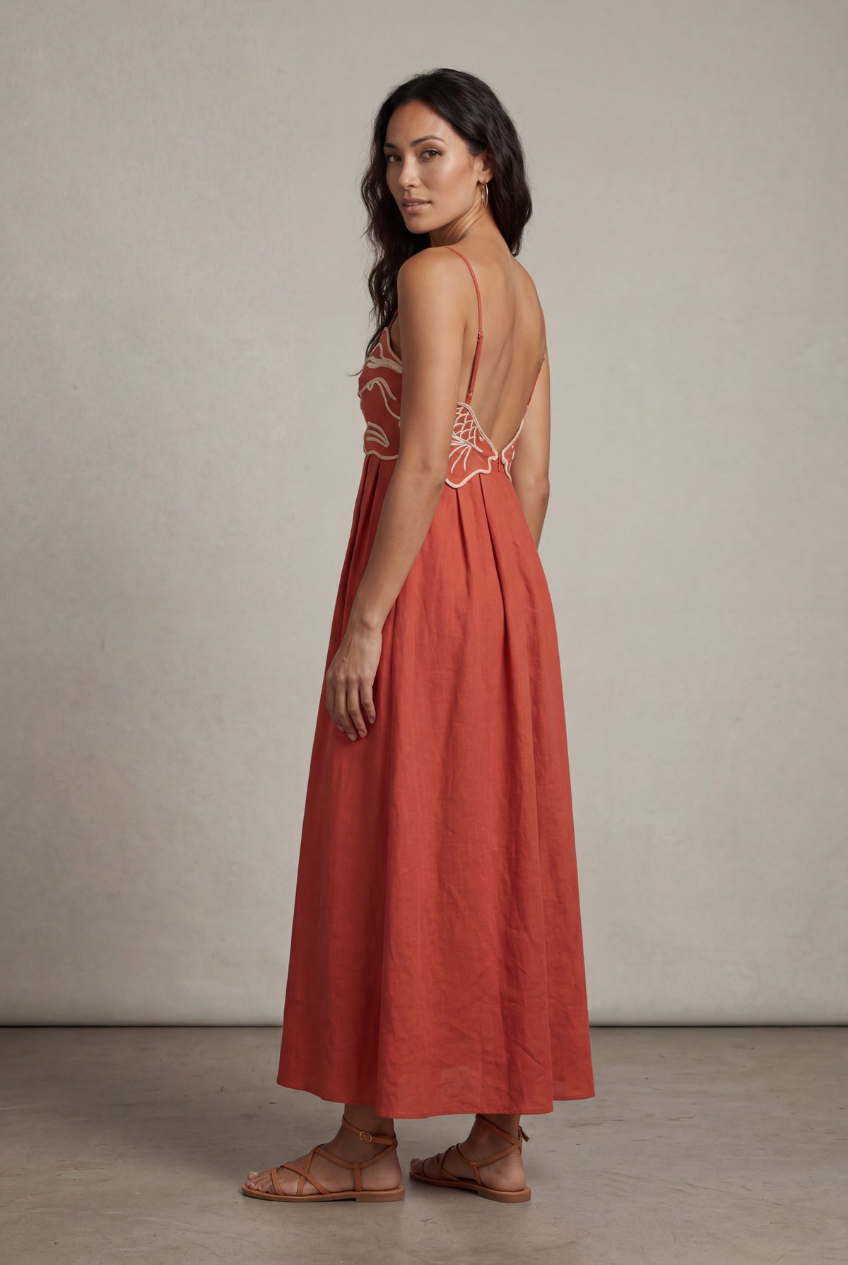 Talia | Embroidered Fish Motif Open Back Maxi Dress
