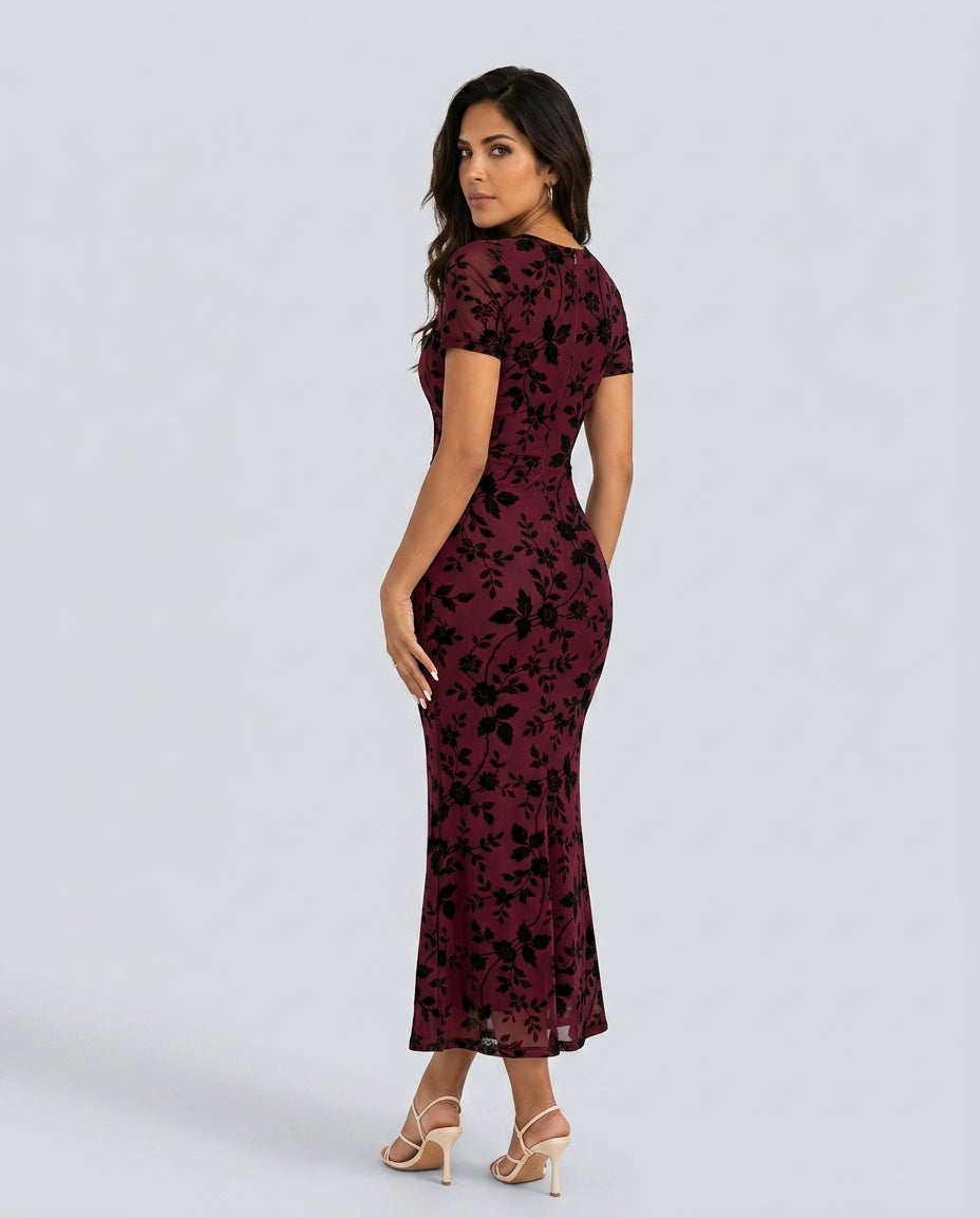 Fleur | Flocked Floral Mermaid Maxi Dress with Sheer Sleeves