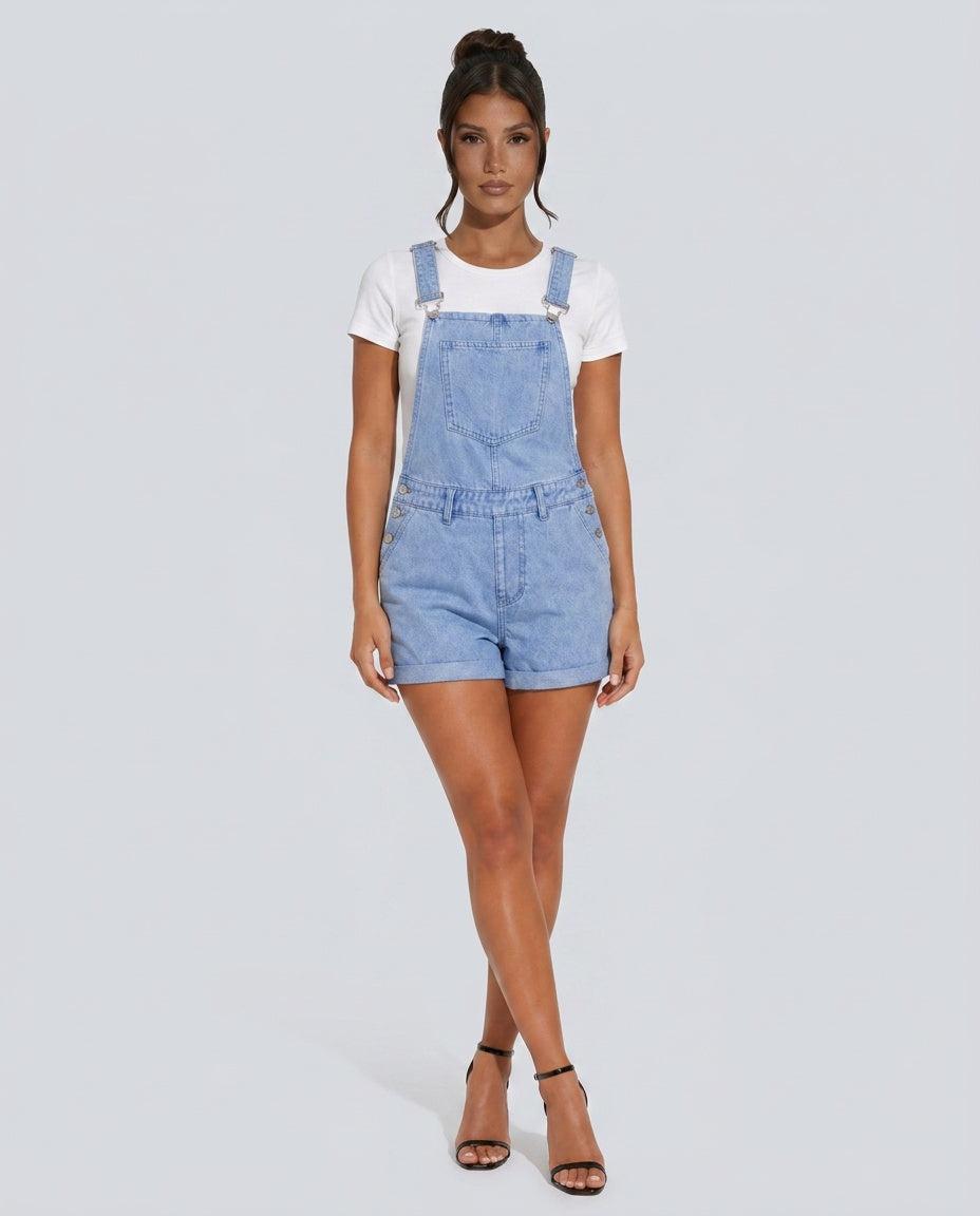 Dusty | Bib Front Rolled Hem Denim Playsuit