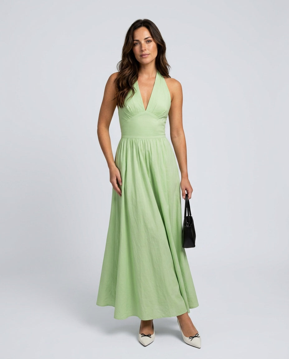 Salma | Halter V-Neck Gathered A-Line Maxi Dress