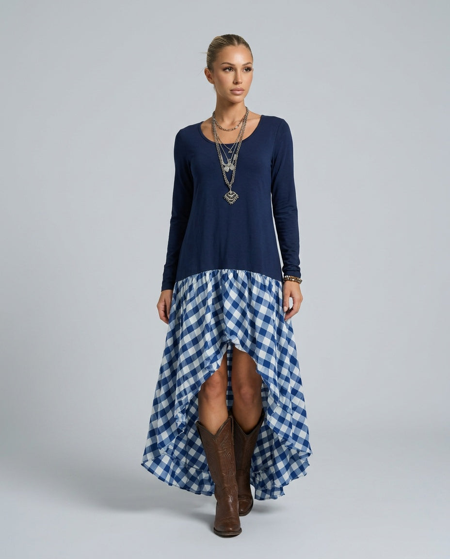 Reva | Gathered Gingham Asymmetric Maxi Dress