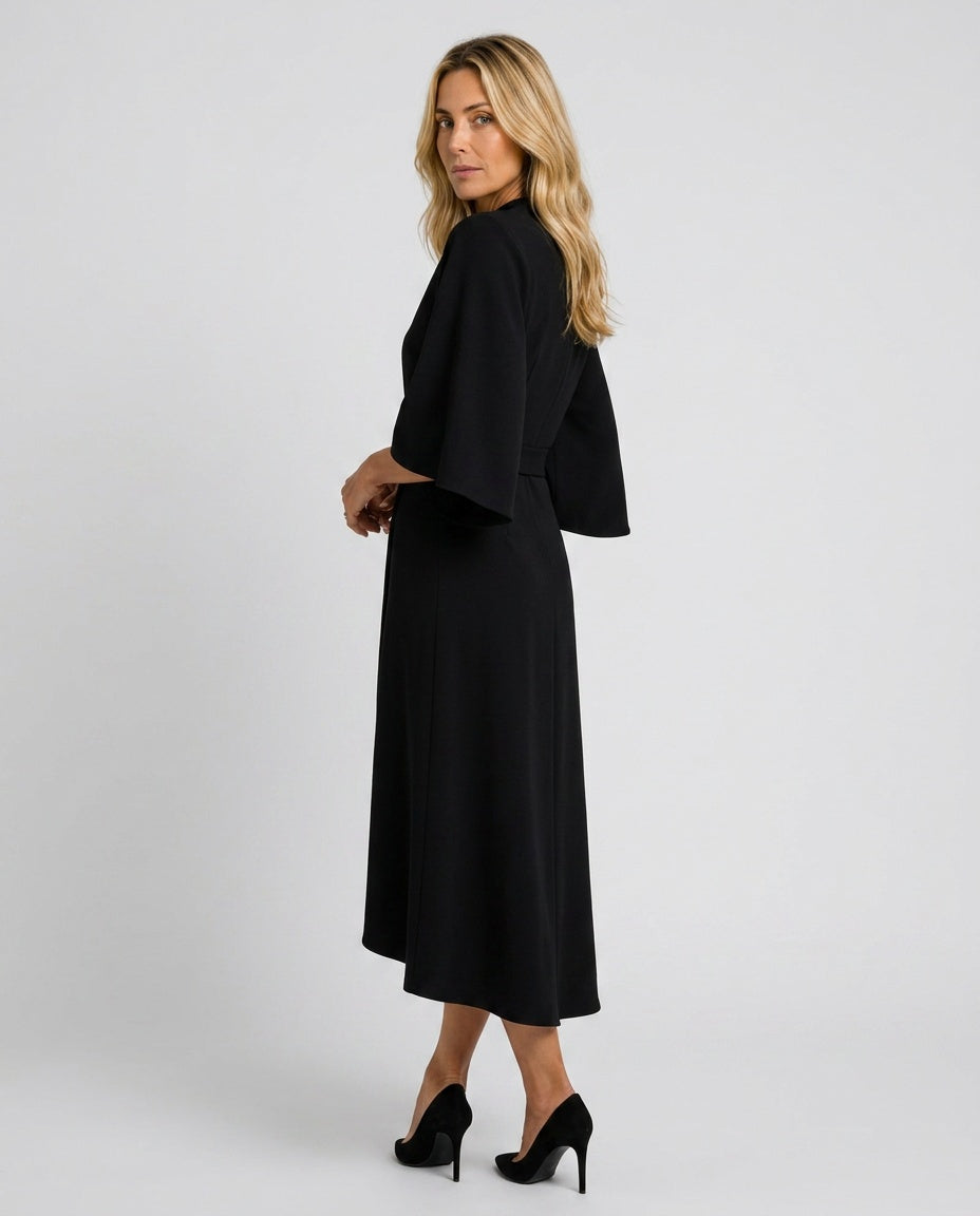 Daniela | Waist-Defined Cape Sleeve Asymmetric Midi Dress