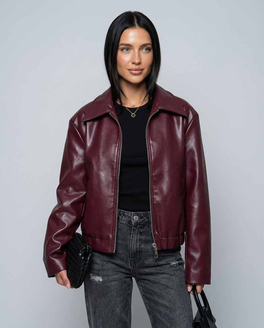 Alejandra | Vintage Wine Red Leather-Look Biker Jacket