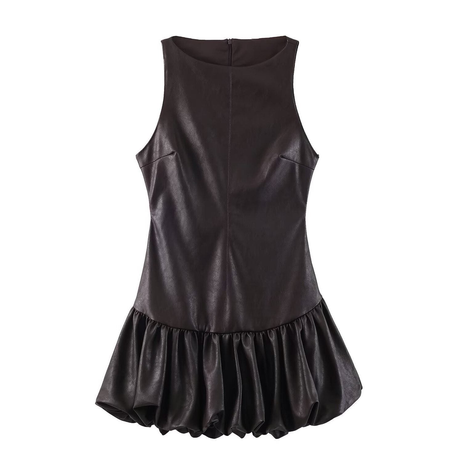Nova | Sleeveless Bubble Hem Faux Leather Midi Dress