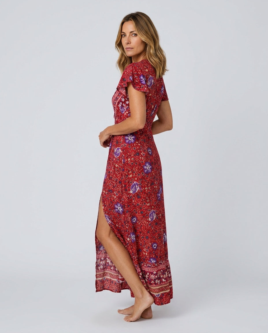 Daniela | Flutter Sleeve Tiered Wrap Maxi Dress