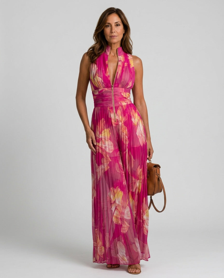 Zsofia | Floral Pleated Chiffon-Look Jumpsuit