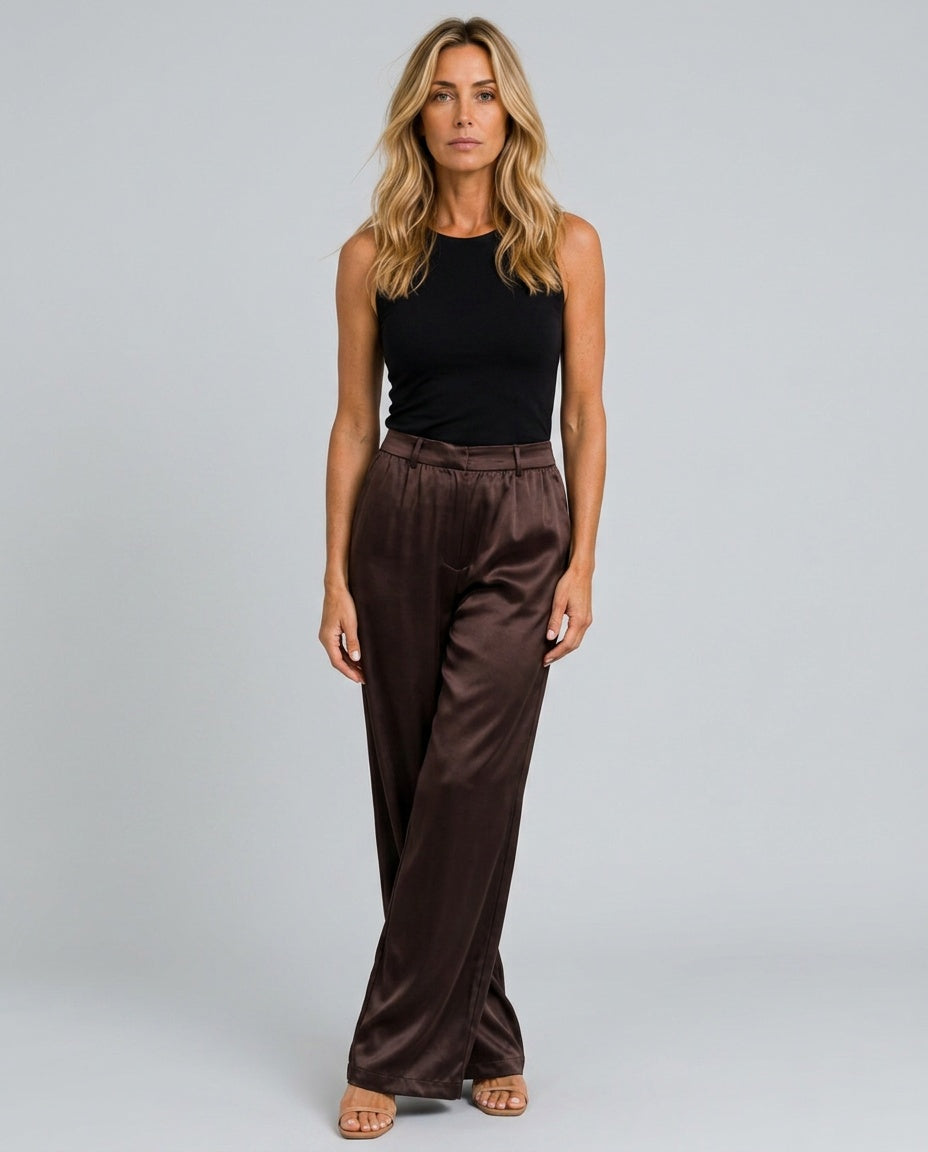 Jimena | High Waist Pleated Straight Leg Satin-Look Trousers