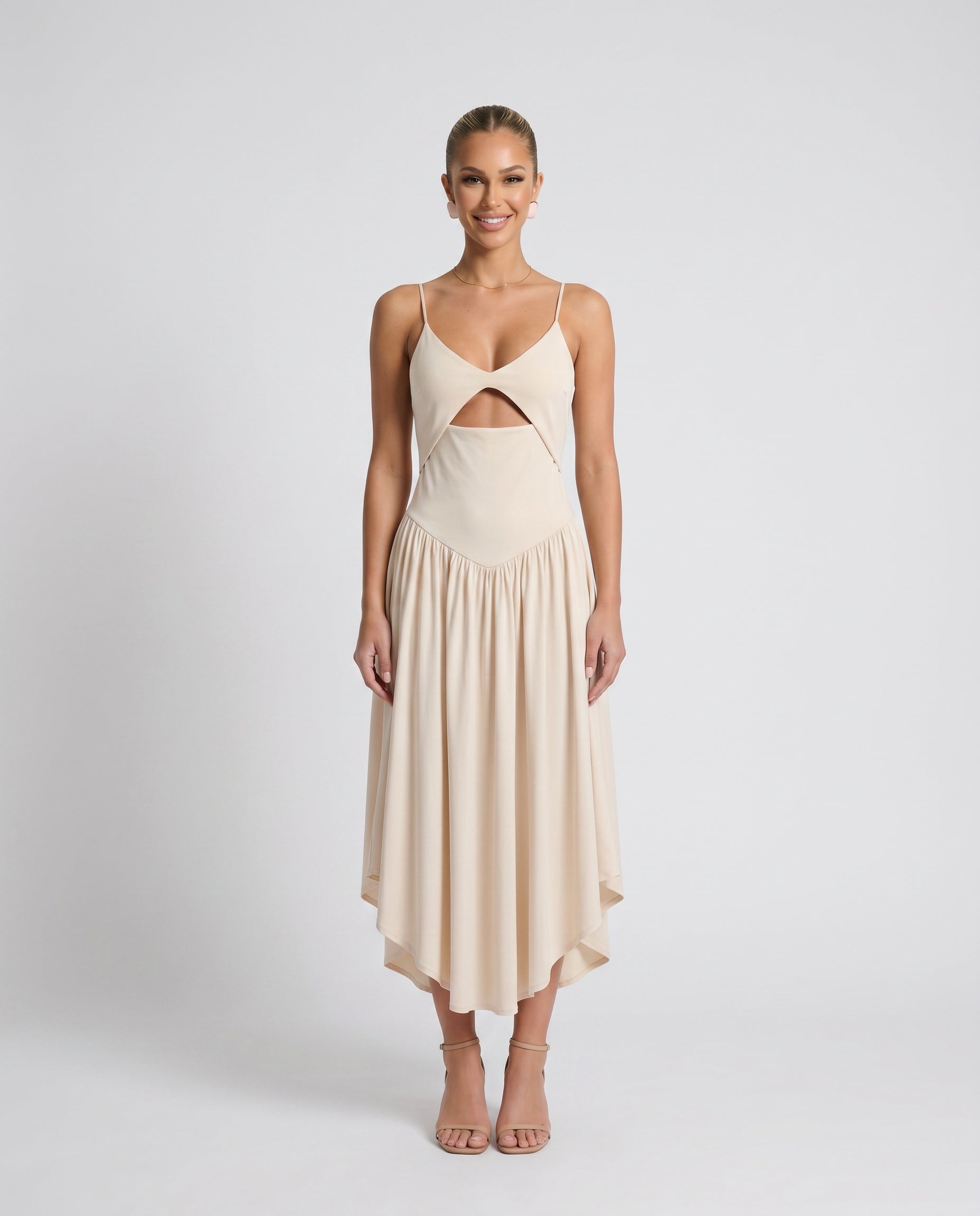Women's Spaghetti Strap Low Back Wedding Guest Midi Dress