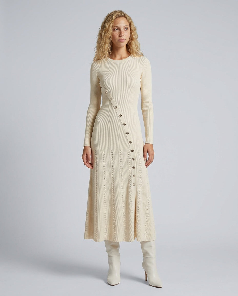Mariana | Button-Front Ribbed-Knit Midi Dress