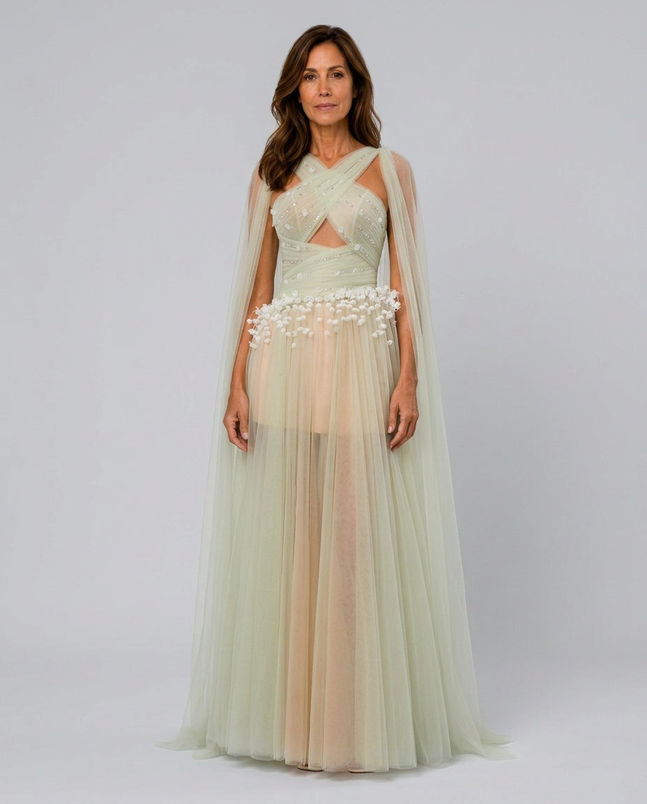 Paola | Cross Front 3D Petal Halter Maxi Dress