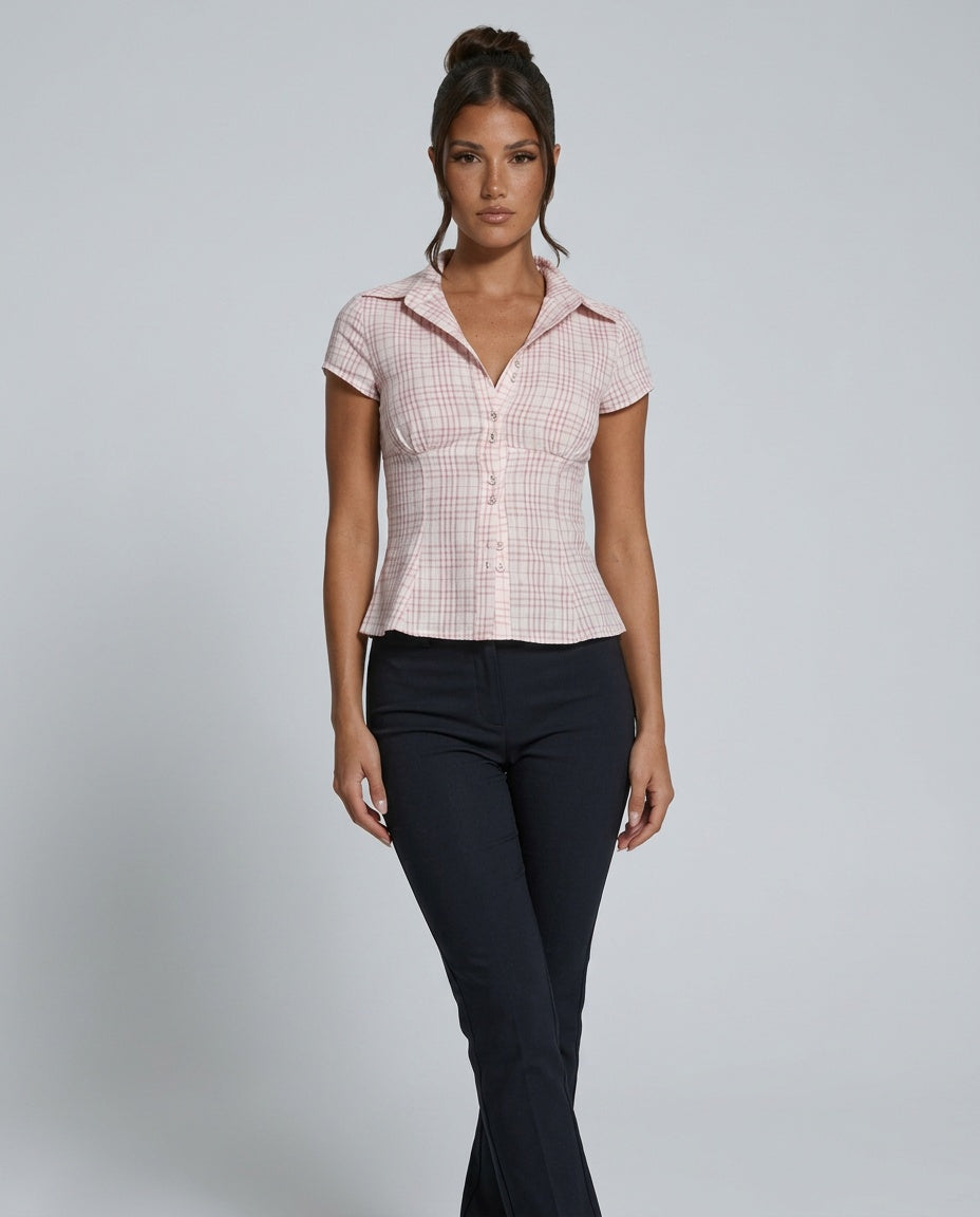 Emilia | Fitted Waist Check Print Short Sleeve Blouse