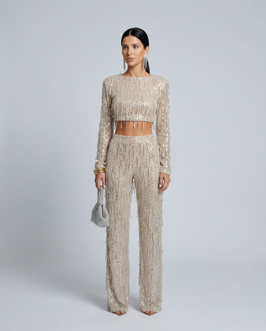 Quinn | Sequin Long Sleeve Top & High Waist Trouser Set