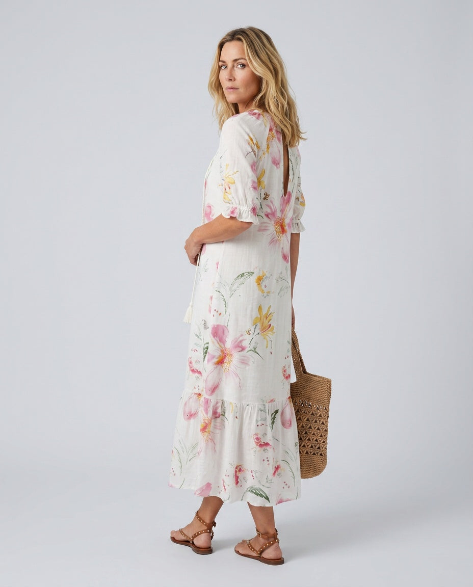 Luma | Floral V-Neck Short Sleeve Midi Dress