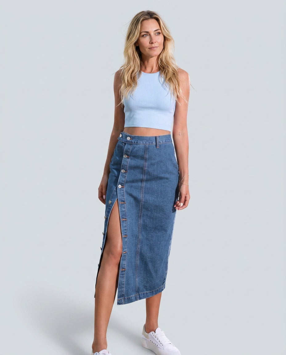 Fleur | High Waist Button Front Denim Pencil Midi Skirt
