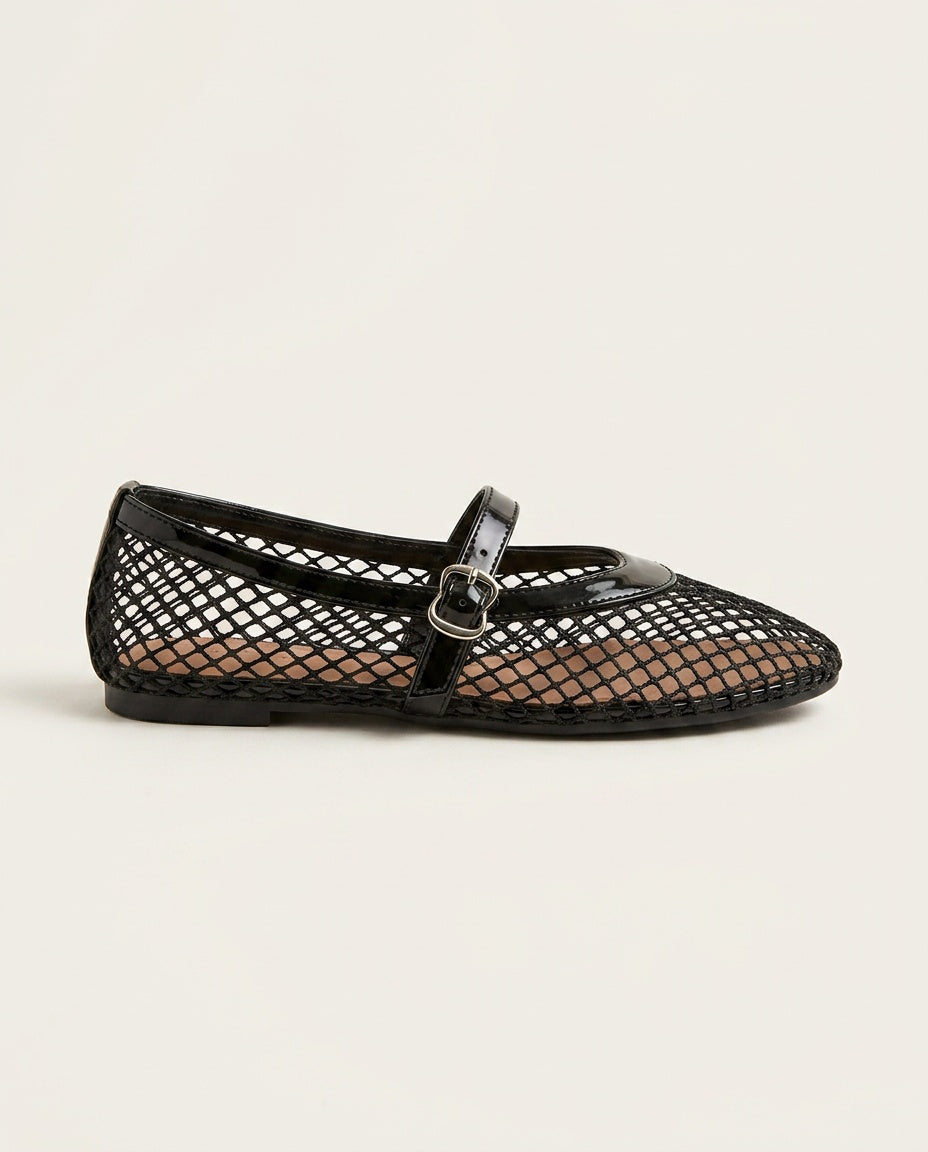 Renata | Round Toe Buckle Strap Mesh Ballet Flats