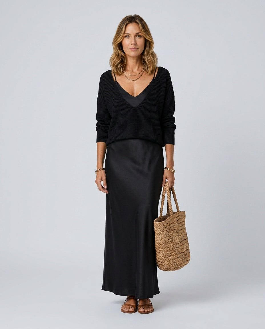 Violet | Satin-Look Maxi Dress & V-Neck Jumper Co-ord Set