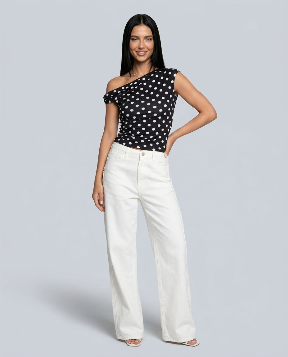 Georgia | One-Shoulder Pleated Polka Dot Top