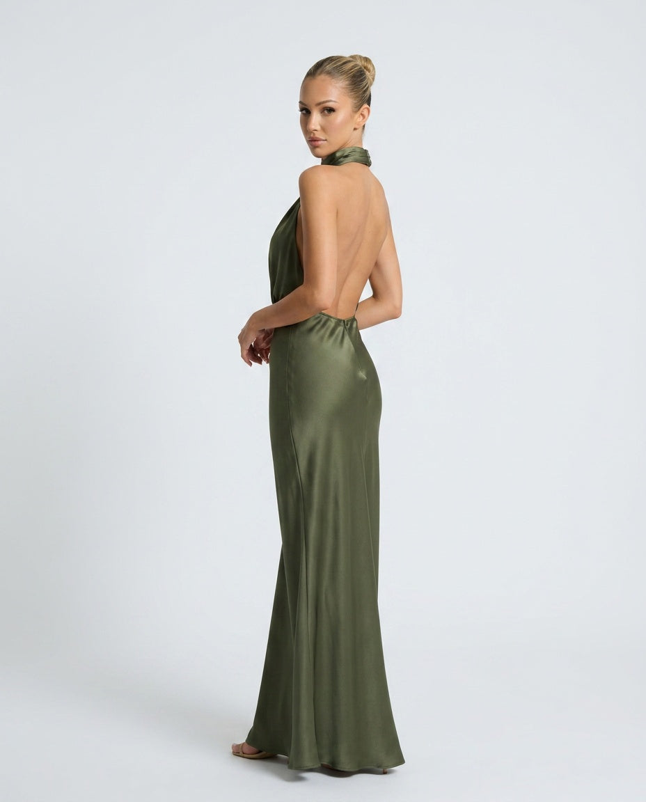 Imara | Halter Neck Open Back Satin-Look Maxi Dress