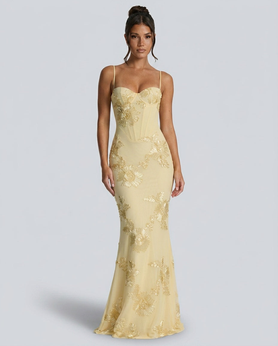 Isolde | Embroidered Corset Fishtail Maxi Dress